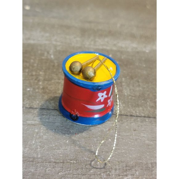 Wooden red blue drum flower Xmas ornament decor - Picture 4 of 5